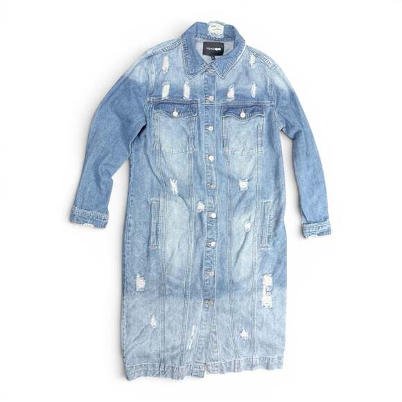Fashion Nova Jackets & Blazers - Fashion Nova Long Distressed Denim Jacket Size L